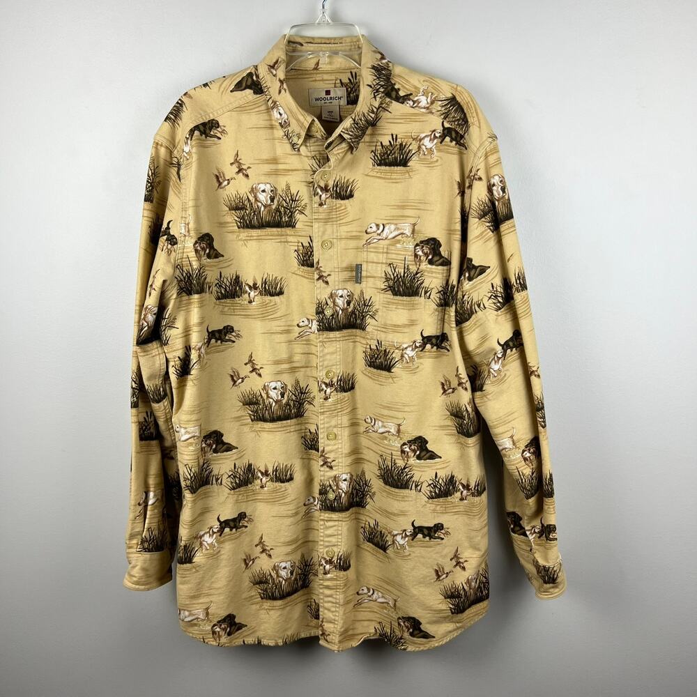 Vintage Woolrich Duck Hunting Dog Print Casual Button Down Shirt Size Large Tall